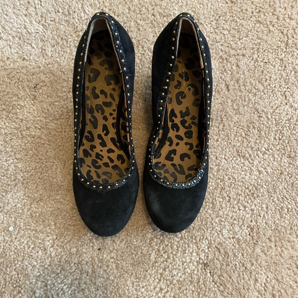 Black and gold studded wedges
